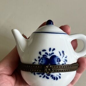 Blue and White Ceramic Teapot Trinket with Brass Accent